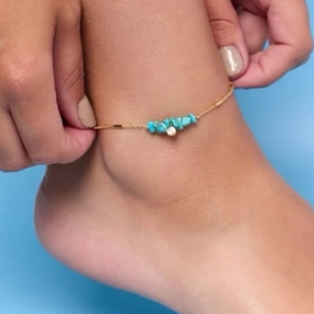 PURA VIDA Anklet Gold Chain Turquoise GemStones Crystal NEW! rare💙